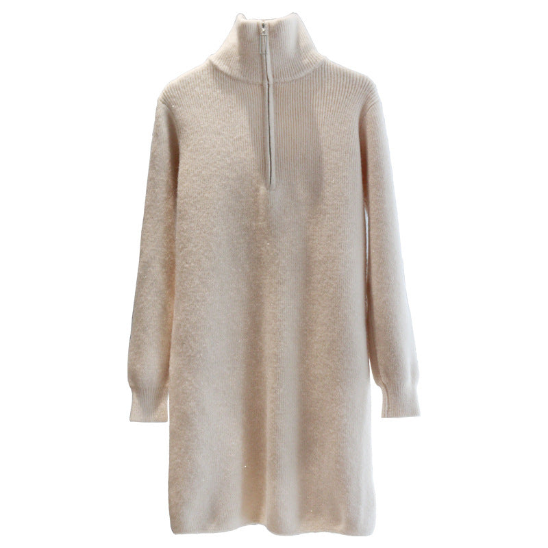 Damen Kurzes Strickkleid mit halbzipper und Kragen Heidi-Mode