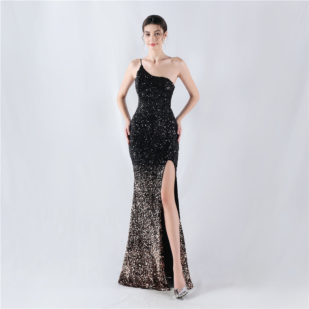 Heidi-Mode | Kleid Velvet Bund Gradient Paillette Hoch Gabel Schräge Schulter Sexy Kleid Abendkleid