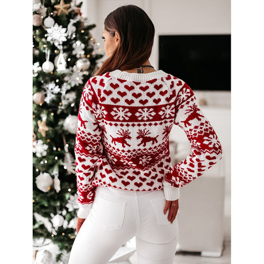 Damen Strickpullover mit weihnachtlichem Muster und Rundhalsausschnitt Heidi-Mode