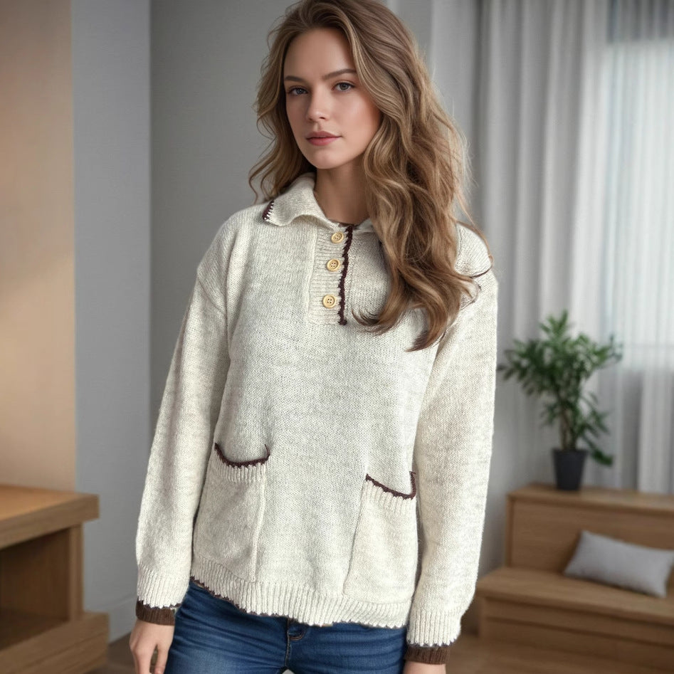 Damen Pullover mit kontrastierendem Kragen und dekorativen Knöpfen Heidi-Mode