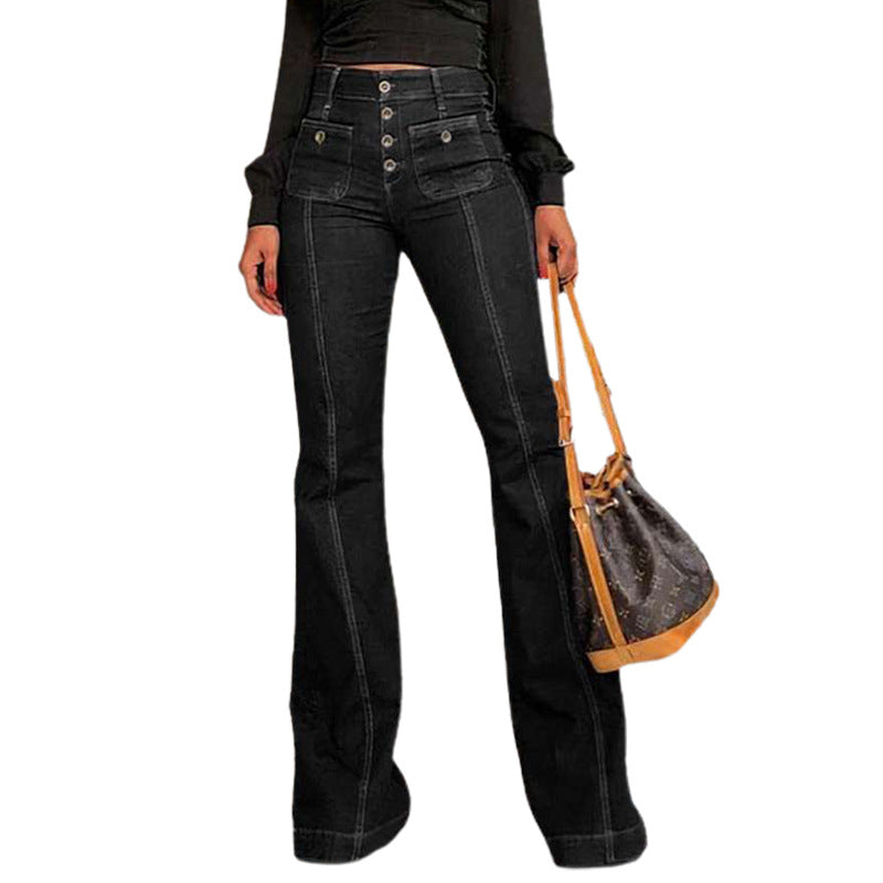 Damen Bootcut Jeans mit hohen Taillen und modischen Knopfdetails Heidi-Mode
