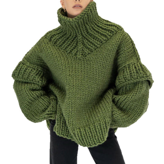 Damen Lockerer Strickpullover mit voluminösen Ärmeln und hohem Kragen Heidi-Mode