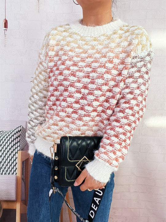 Damen Modischer Strickpullover mit Karo-Muster Heidi-Mode