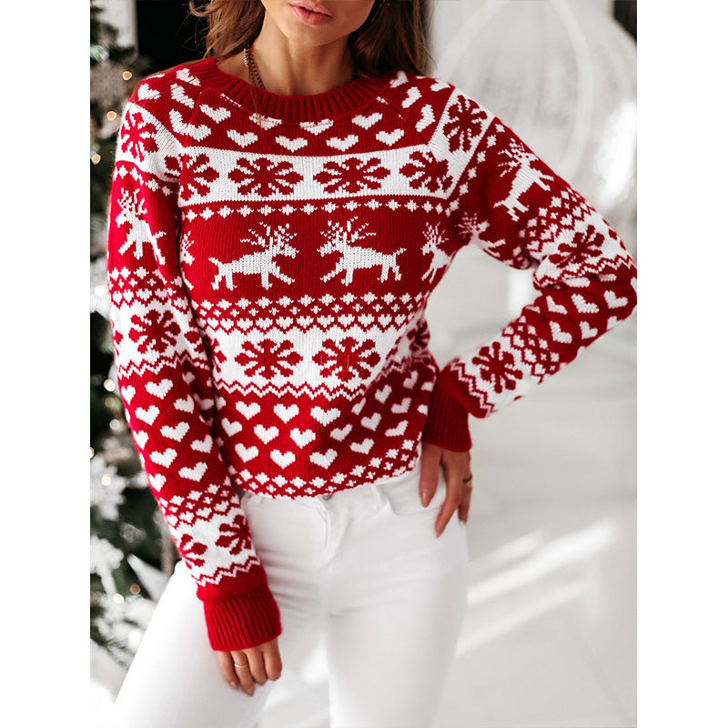 Damen Strickpullover mit weihnachtlichem Muster und Rundhalsausschnitt Heidi-Mode