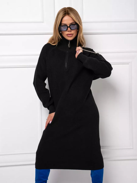 Damen Strickkleid mit Stehkragen und durchgehendem Reißverschluss Heidi-Mode