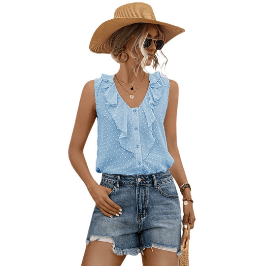 Damen Ärmelloses Rüschenbluse mit Knopfdetails Heidi-Mode