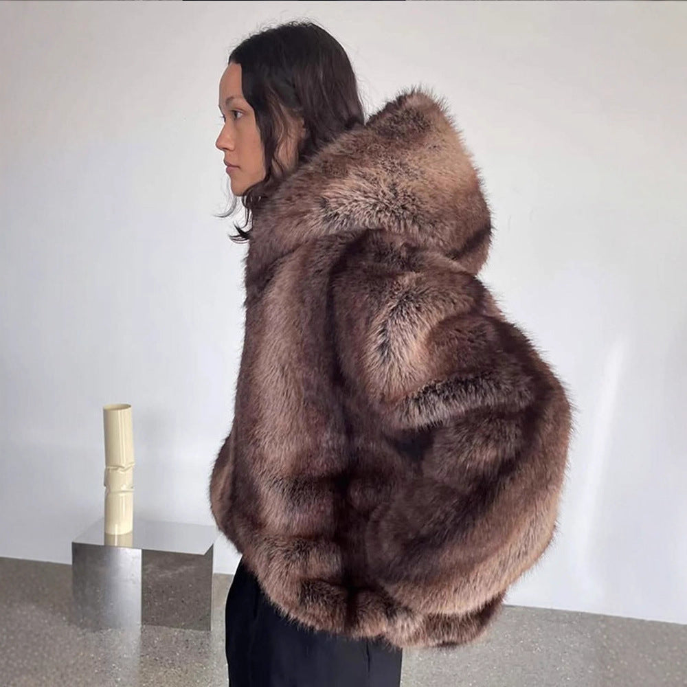 Damen Kuschelige Kunstpelzjacke mit Kapuze Heidi-Mode