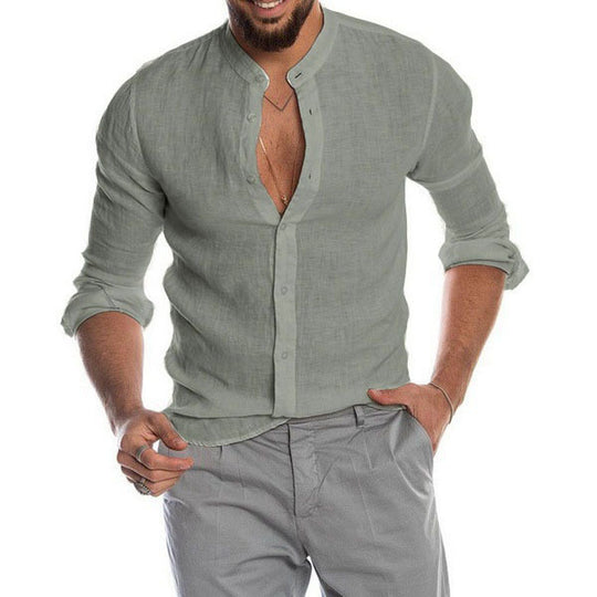 Herren Leinenhemd mit modernem Henley-Ausschnitt und Struktur Heidi-Mode