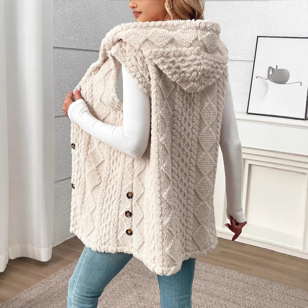 Damen Plüschweste mit Kapuze und Knopfverschluss Heidi-Mode