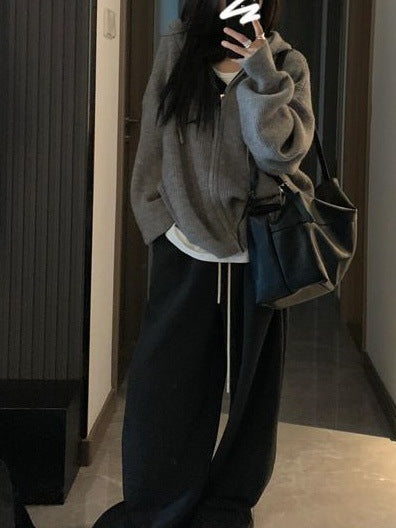 Damen Gemütlicher Strickhoodie mit großzügiger Kapuze und Reißverschluss Heidi-Mode