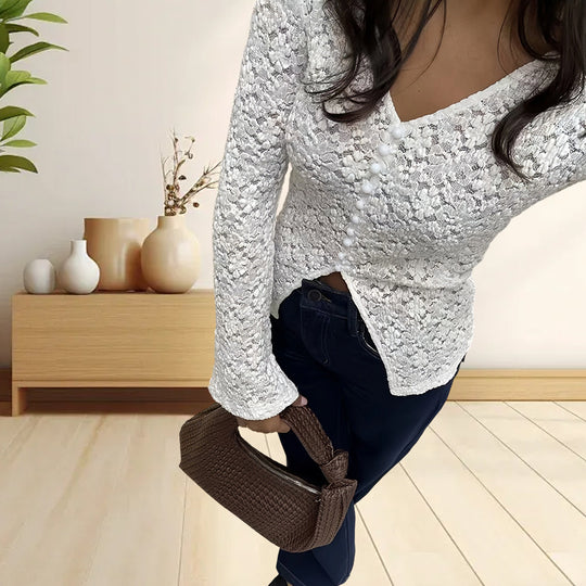 Damen Elegantes Longsleeve-Oberteil mit Lochmuster und Knopfleiste Heidi-Mode