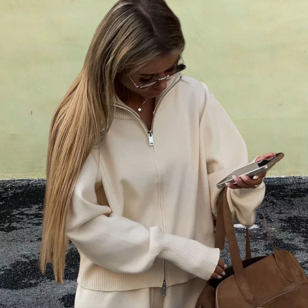 Damen Sportlicher Strickpullover mit hohem Kragen und Reißverschluss Heidi-Mode