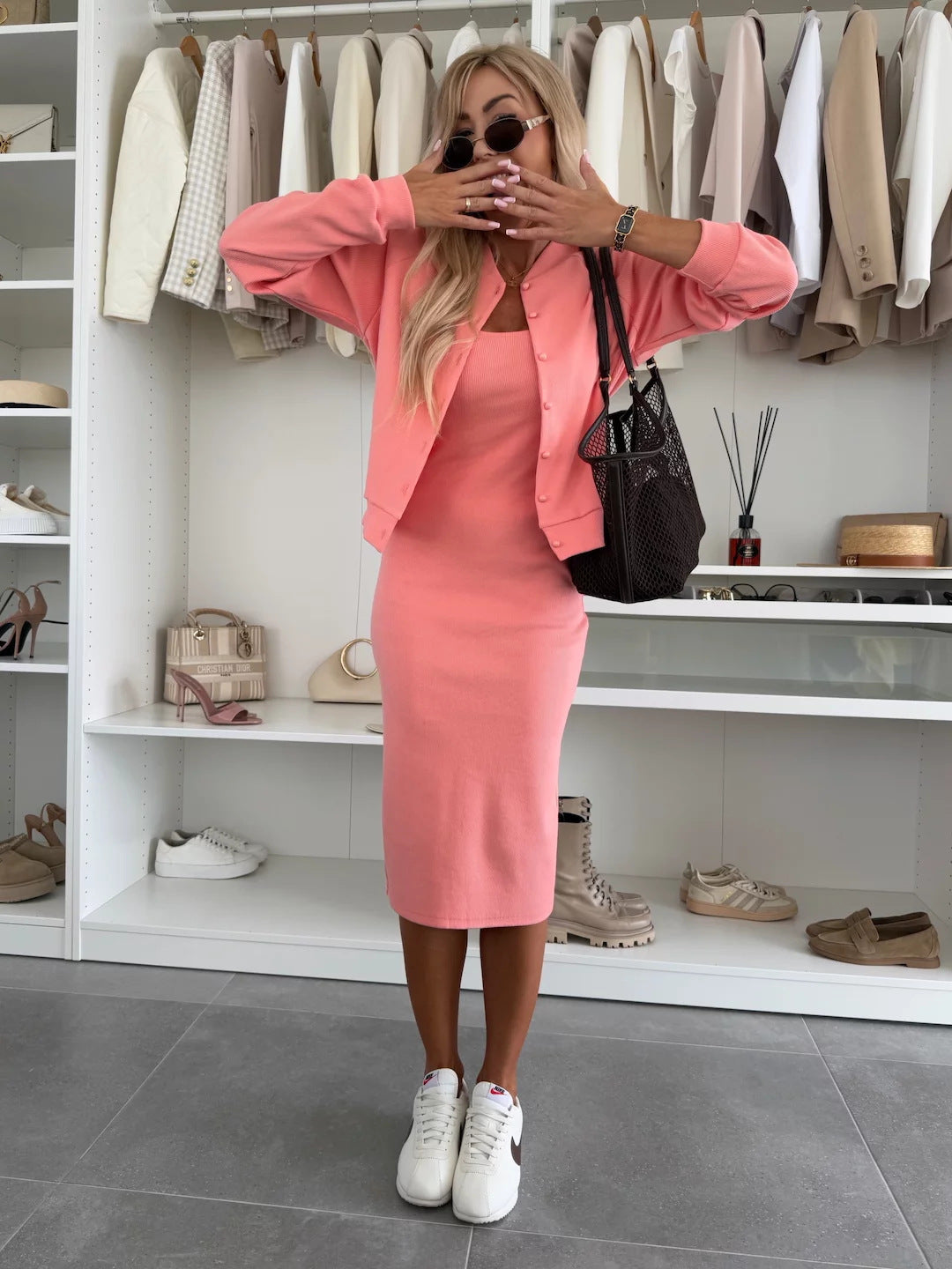 Damen elegantes Set aus figurbetontem Kleid und lässiger Jacke mit Druckknopf Heidi-Mode