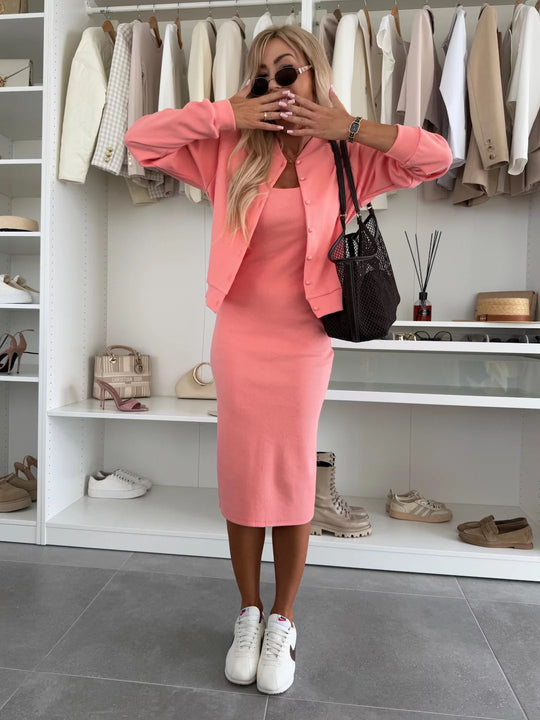 Damen elegantes Set aus figurbetontem Kleid und lässiger Jacke mit Druckknopf Heidi-Mode