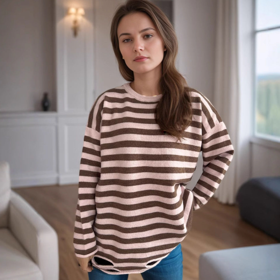 Damen lässiger Oversize-Pullover mit breiten Streifen Heidi-Mode