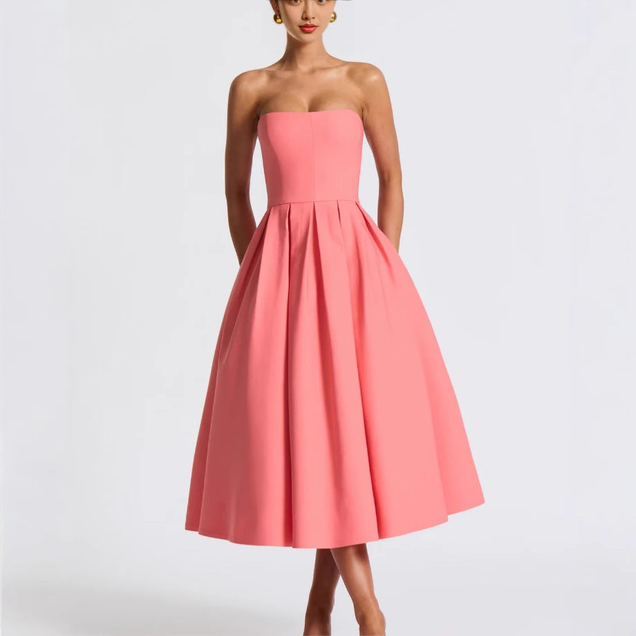 Damen Elegantes Midi-Kleid mit schwingendem Rock und raffiniertem Bandeau-Ausschnitt Heidi-Mode