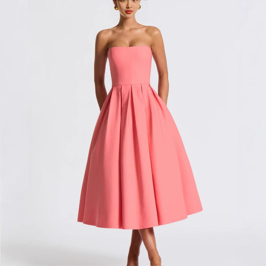 Damen Elegantes Midi-Kleid mit schwingendem Rock und raffiniertem Bandeau-Ausschnitt Heidi-Mode