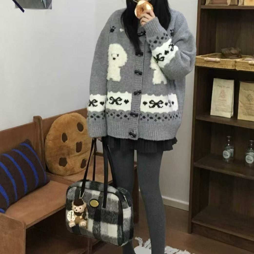 Damen Gemusterte Strickjacke mit tierischem Motiv und Knopfdetails Heidi-Mode