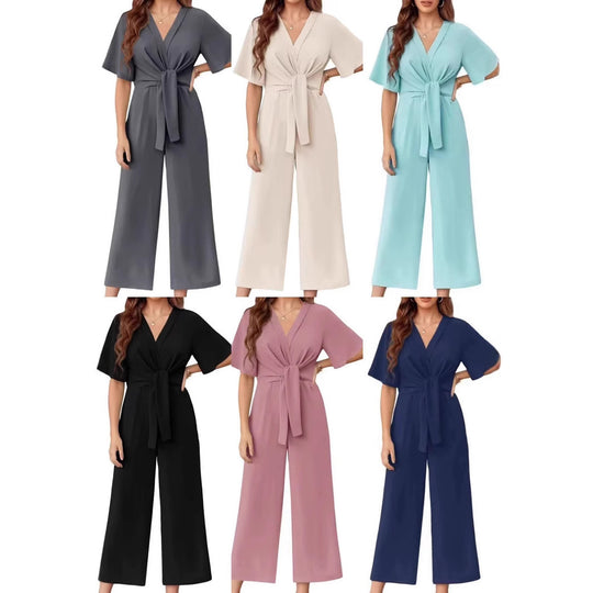 Damen eleganter Wickel-Jumpsuit mit weiten Beinen und Taillengürtel Heidi-Mode