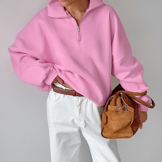 Damen lässiger Oversized Pullover mit Reißverschluss Heidi-Mode