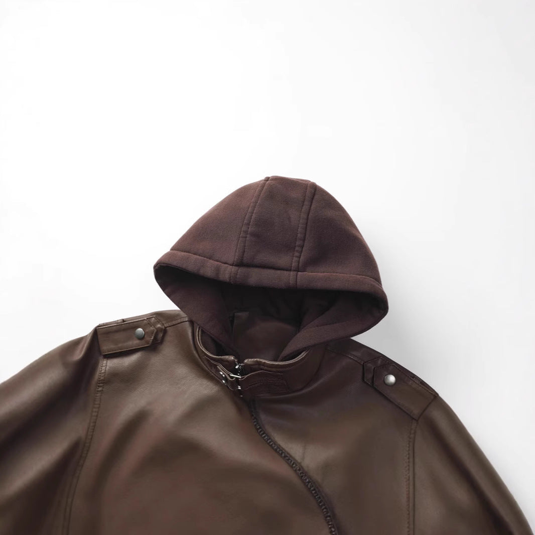 Herren Kunstlederjacke mit abnehmbarer Kapuze und Multifunktions-Taschen Heidi-Mode