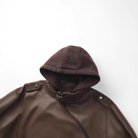 Herren Kunstlederjacke mit abnehmbarer Kapuze und Multifunktions-Taschen Heidi-Mode