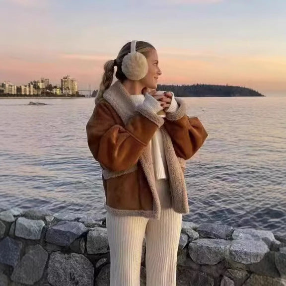 Damen kuschelige Blazerjacke im Teddy-Look mit praktischem Taschen Heidi-Mode