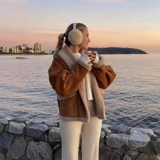 Damen kuschelige Blazerjacke im Teddy-Look mit praktischem Taschen Heidi-Mode