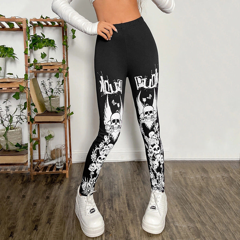 Damen Leggings mit auffälligem Totenkopf- und floralem Design Heidi-Mode