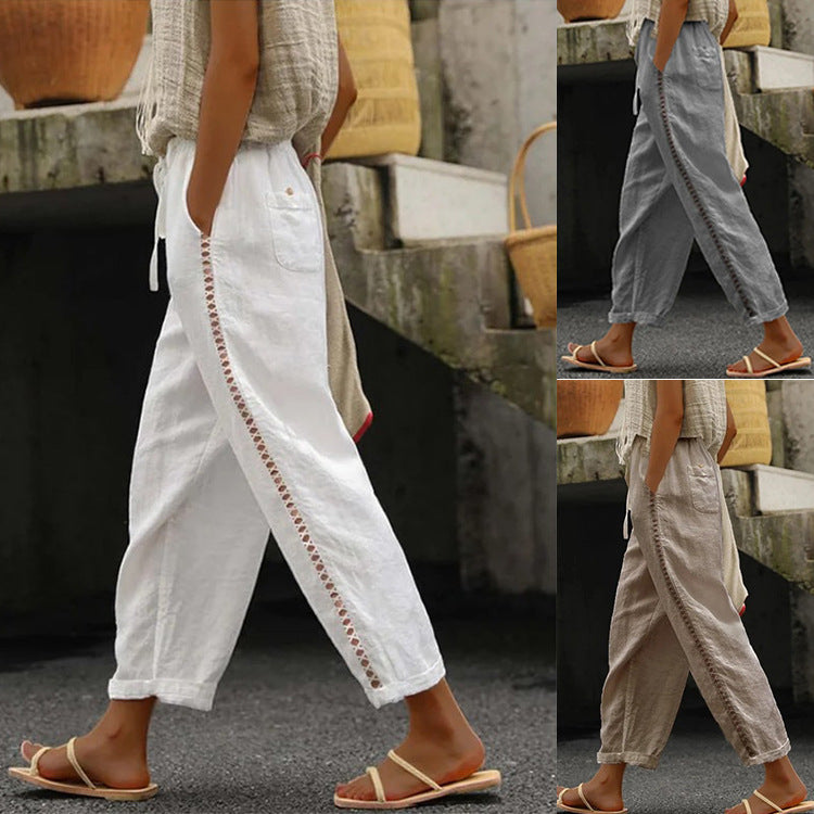 Damen Leichte Leinenhose mit seitlichen Knopfdetails Heidi-Mode