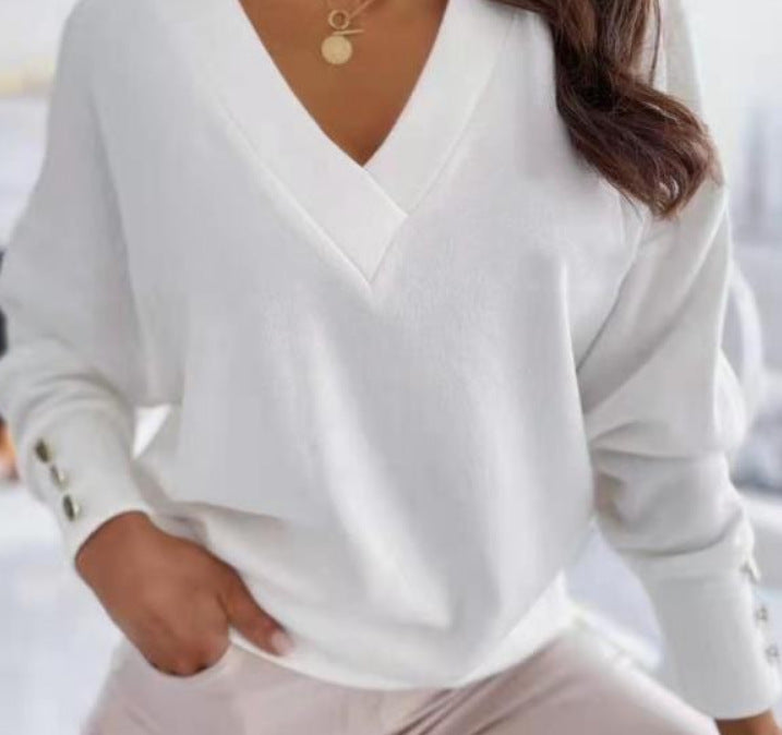 Damen lässiger V-Ausschnitt Pullover mit weiten Ärmeln und weichem Stoff Heidi-Mode