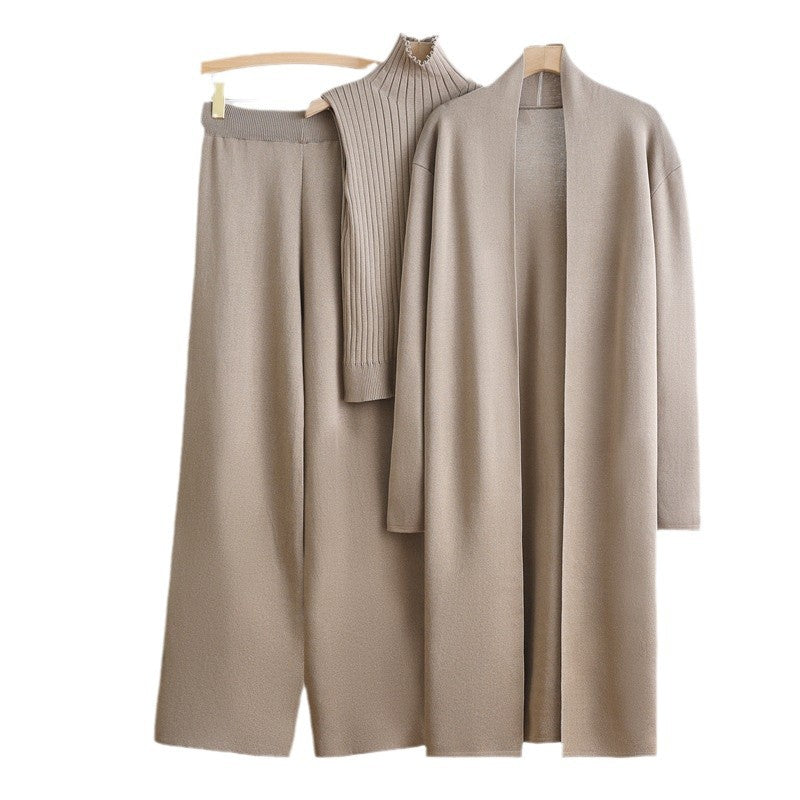 Damen gemütliches Strick-Loungewear-Set mit langem Cardigan und Rippenshirts Heidi-Mode