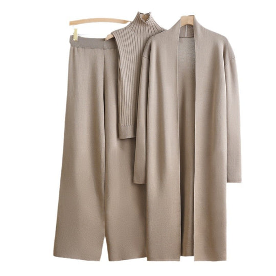 Damen gemütliches Strick-Loungewear-Set mit langem Cardigan und Rippenshirts Heidi-Mode