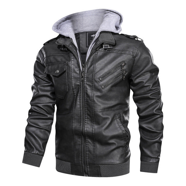 Herren lässige Lederjacke mit abnehmbarer Kapuze und funktionalen Taschen Heidi-Mode