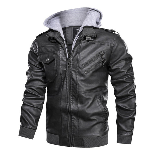 Herren lässige Lederjacke mit abnehmbarer Kapuze und funktionalen Taschen Heidi-Mode