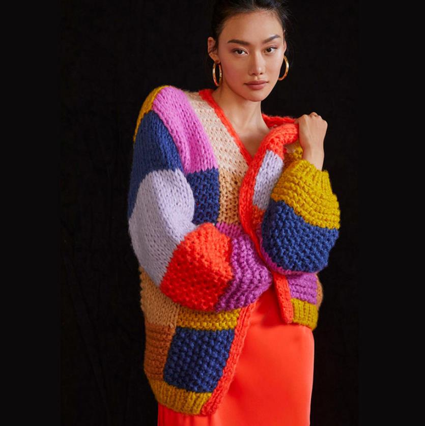 Damen Grobstrick-Cardigan mit buntem Patchwork-Design Heidi-Mode