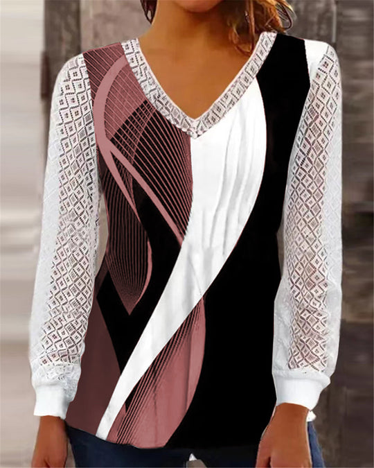 Damen modisches Oberteil mit raffinierten Spitzenärmeln und geometrischem Design Heidi-Mode
