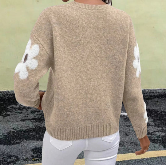 Damen Strickpullover mit floralem Muster und Rundhalsausschnitt Heidi-Mode