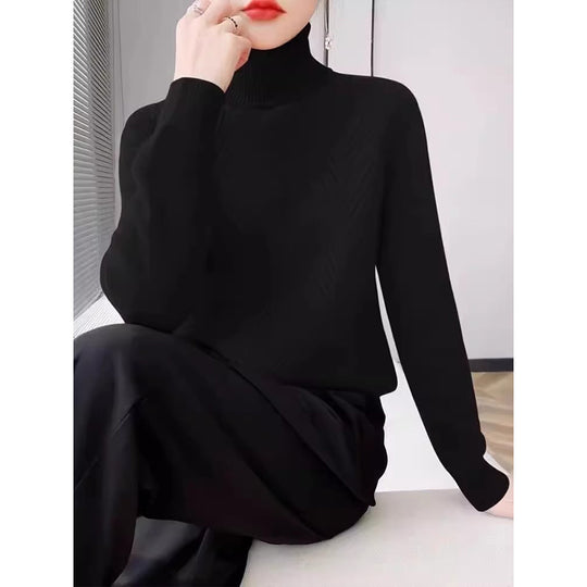 Damen eleganter Strickpullover mit Stehkragen und feiner Rippstruktur Heidi-Mode