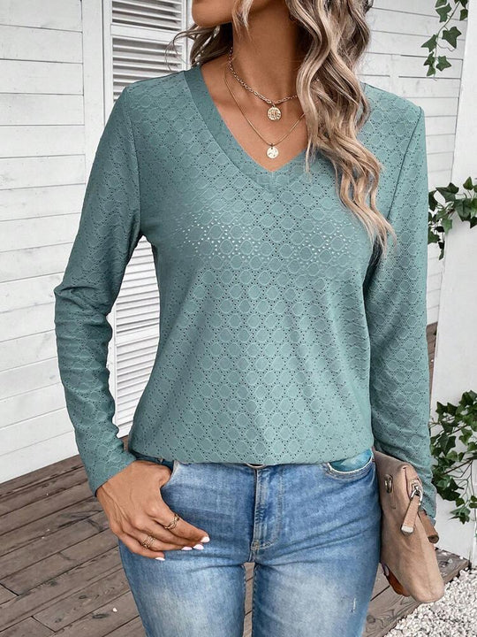 Damen V-Ausschnitt Bluse mit gewebtem Lochdesign und eleganten Ärmeln Heidi-Mode