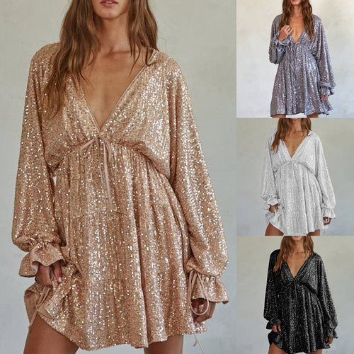 Damen Funkelndes Festkleid mit V-Ausschnitt und Rüschendetails Heidi-Mode