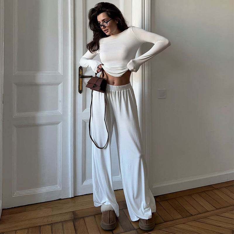 Damen Loungewear Set aus langärmligem Oberteil und weit geschnittenen Hosen Heidi-Mode