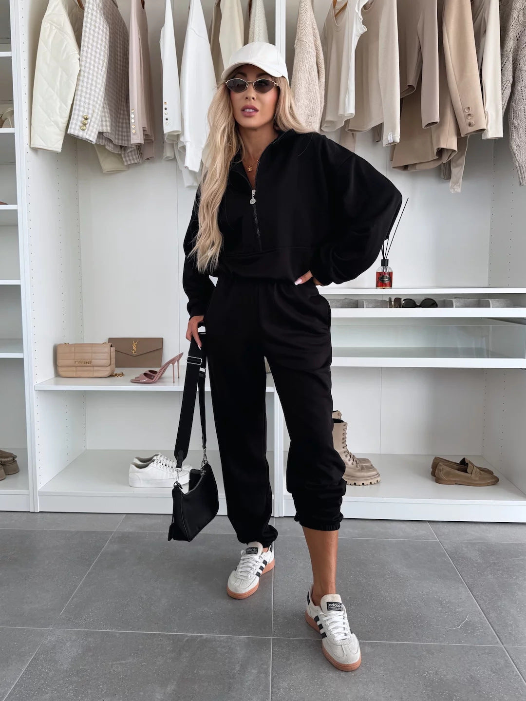 Damen Bequemer Freizeitanzug mit halbem Reißverschluss und elastischem Bund Heidi-Mode