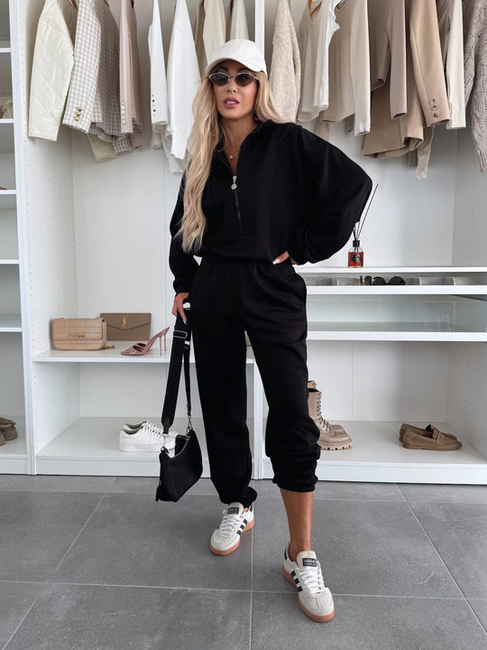 Damen Bequemer Freizeitanzug mit halbem Reißverschluss und elastischem Bund Heidi-Mode