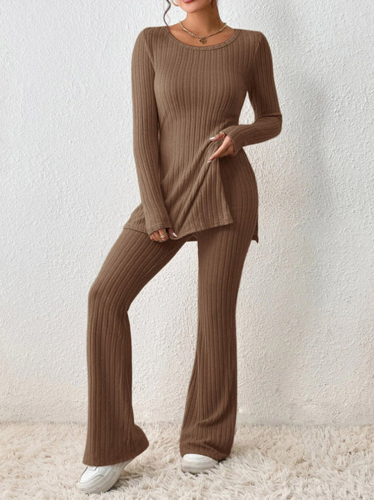 Damen Fein geripptes Lounge-Set mit langen Ärmeln und ausgestellten Beinen Heidi-Mode