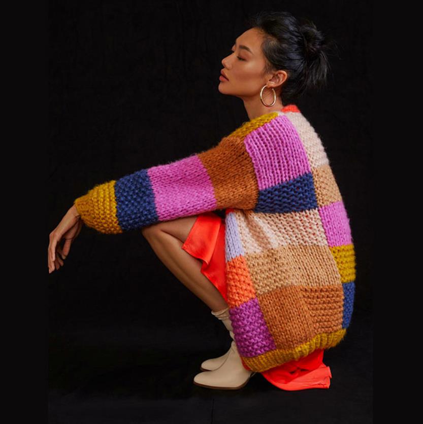 Damen Grobstrick-Cardigan mit buntem Patchwork-Design Heidi-Mode