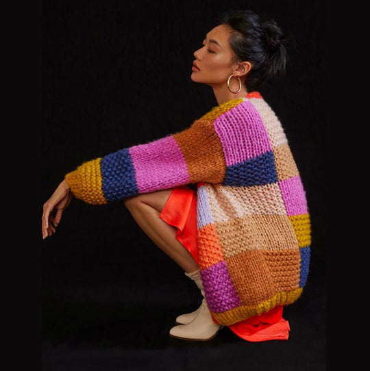 Damen Grobstrick-Cardigan mit buntem Patchwork-Design Heidi-Mode