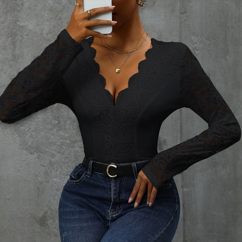 Damen Spitze Bodysuit mit V-Ausschnitt und langen Ärmeln Heidi-Mode