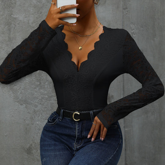 Damen Spitze Bodysuit mit V-Ausschnitt und langen Ärmeln Heidi-Mode