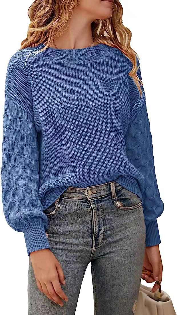 Damen modischer Strickpullover mit strukturierten Ärmeln und Rundhalsausschnitt Heidi-Mode